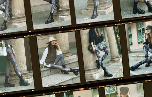 Photo collage of a woman modeling Zoelle Bybs leggings on a Greco Roman set
