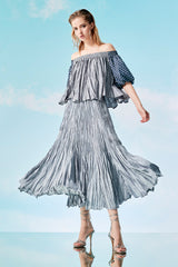 Silver Bardot Top with Gathered Pleats