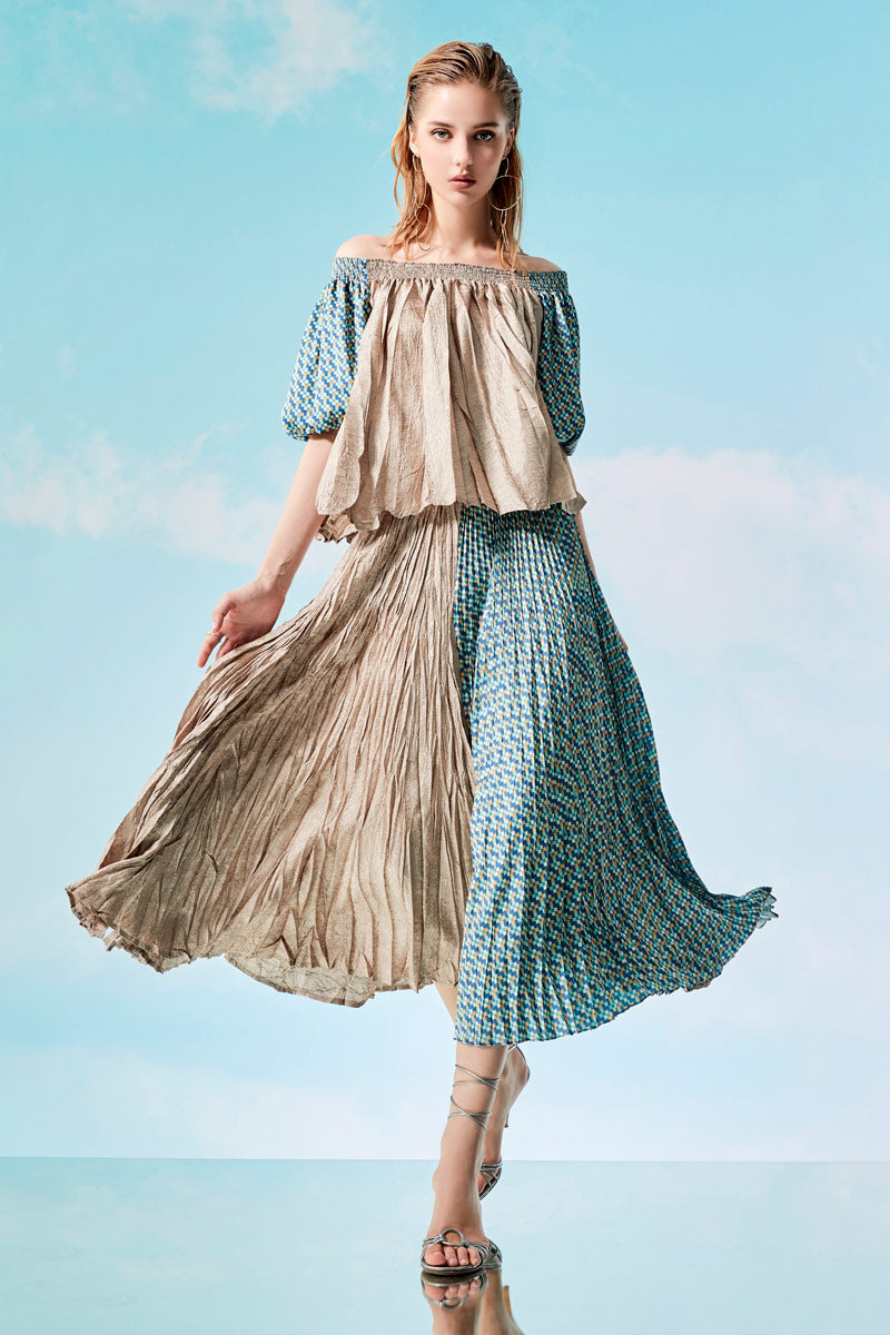 Gold Panel Skirt with Gathered Pleats