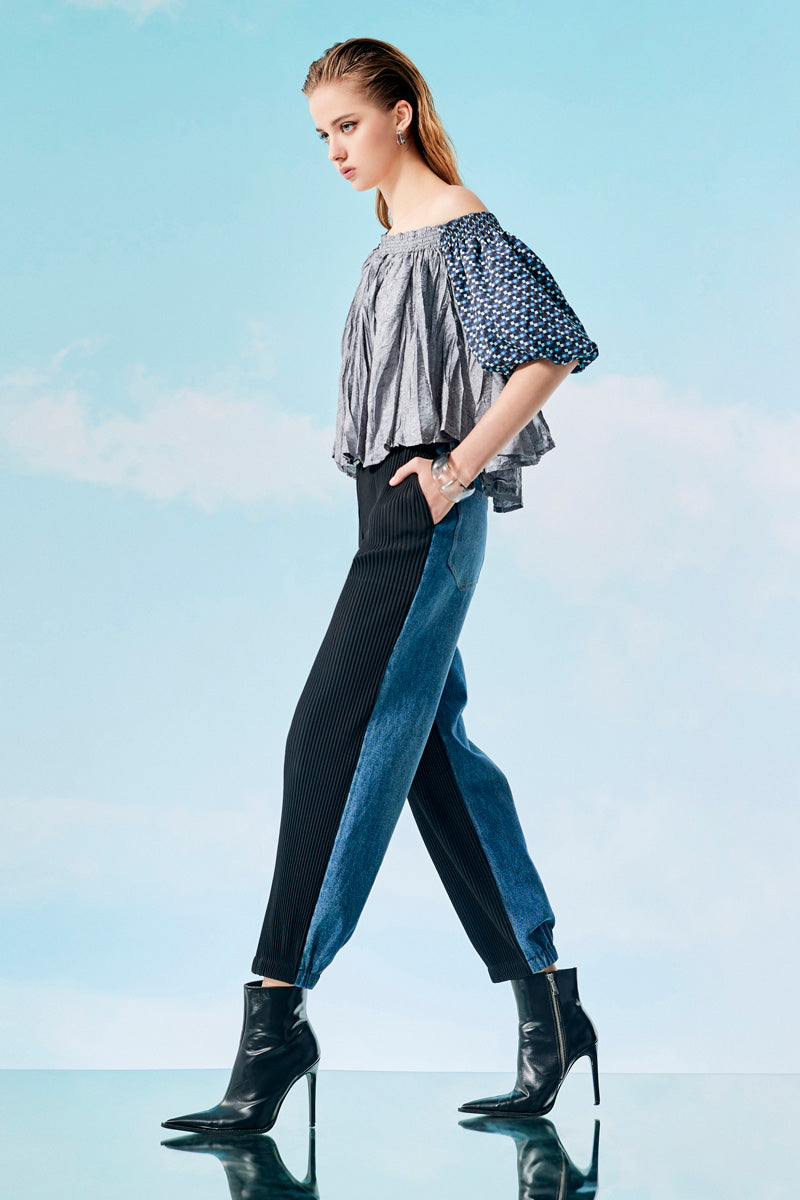 Navy Pleated Barrel Pants with Denim Panel
