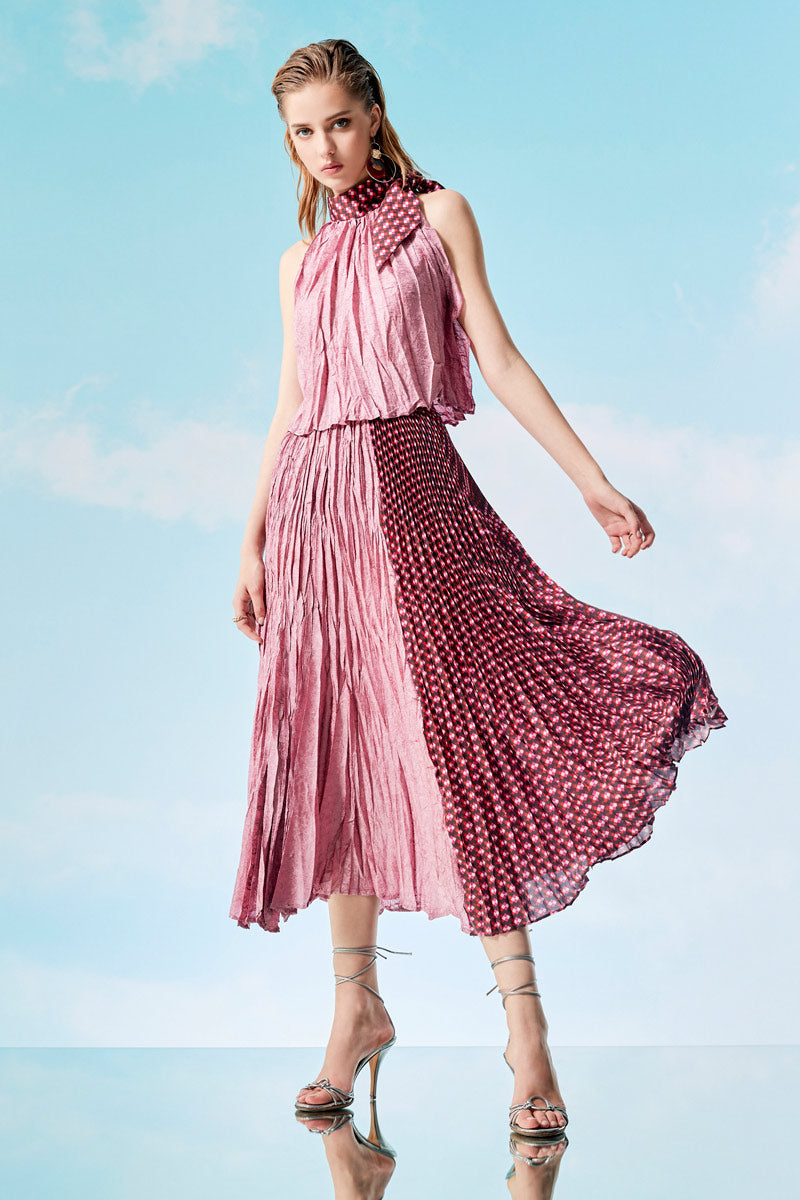 Rose Pink Panel Skirt with Gathered Pleats