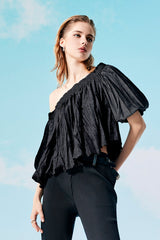 Black Bardot Top with Wrinkle Pleats