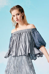 Silver Bardot Top with Gathered Pleats