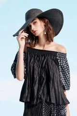 Black Bardot Top with Gathered Pleats