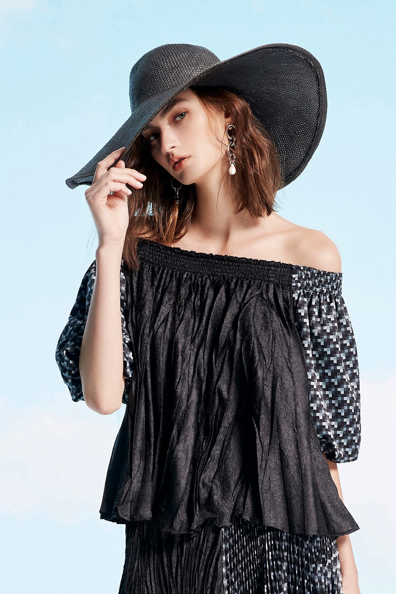 Black Bardot Top with Gathered Pleats
