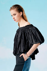 Black Bardot Top with Wrinkle Pleats