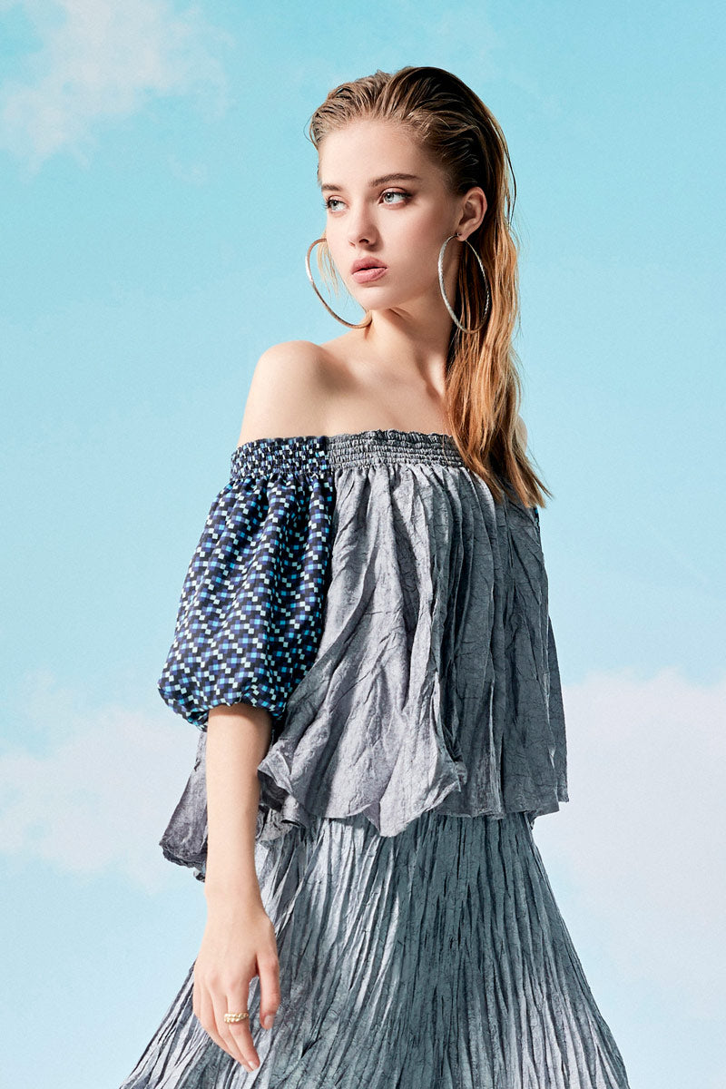 Silver Bardot Top with Gathered Pleats
