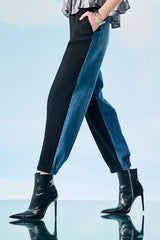 Navy Pleated Barrel Pants with Denim Panel