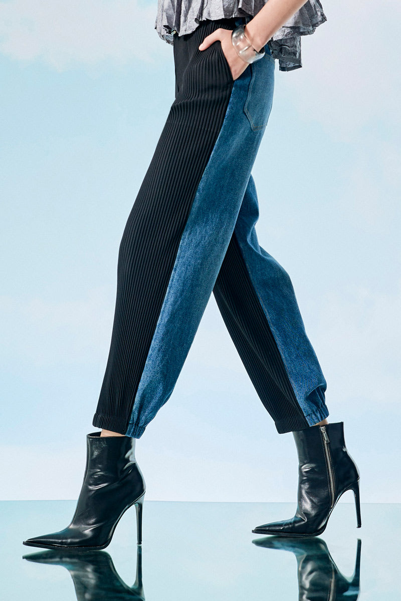 Navy Pleated Barrel Pants with Denim Panel