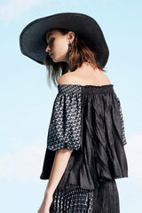 Black Bardot Top with Gathered Pleats