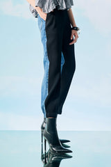 Navy Pleated Barrel Pants with Denim Panel
