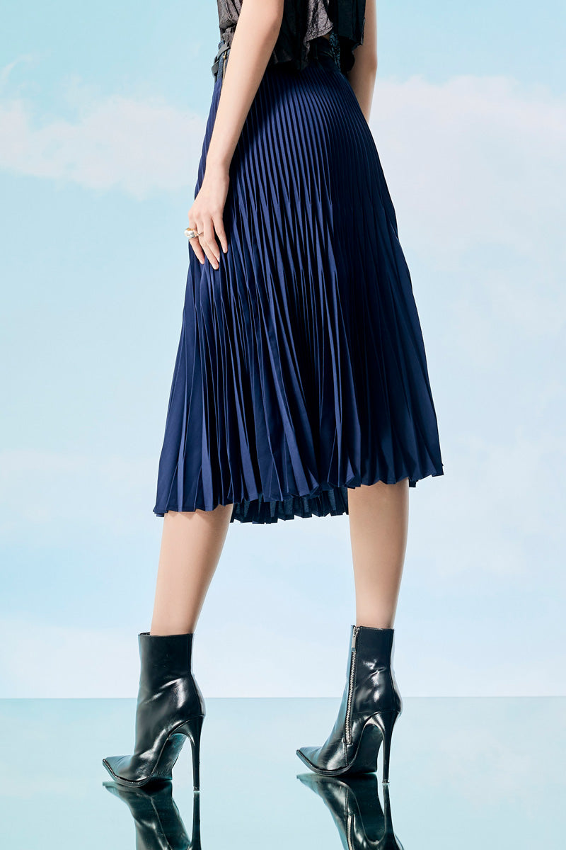 Navy Pleated Skirt with Denim Waistband