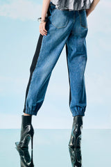 Navy Pleated Barrel Pants with Denim Panel