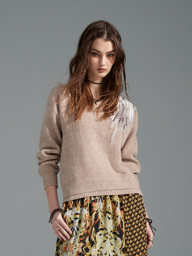 Khaki Sweater with Beaded Embroidery - Front