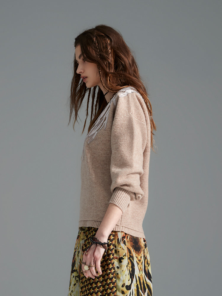 Khaki Sweater with Beaded Embroidery - Side