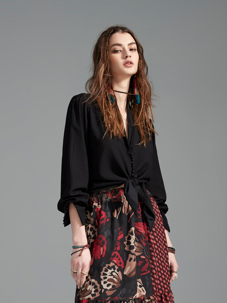 Zoelle Black Knotted Front Blouse - Front