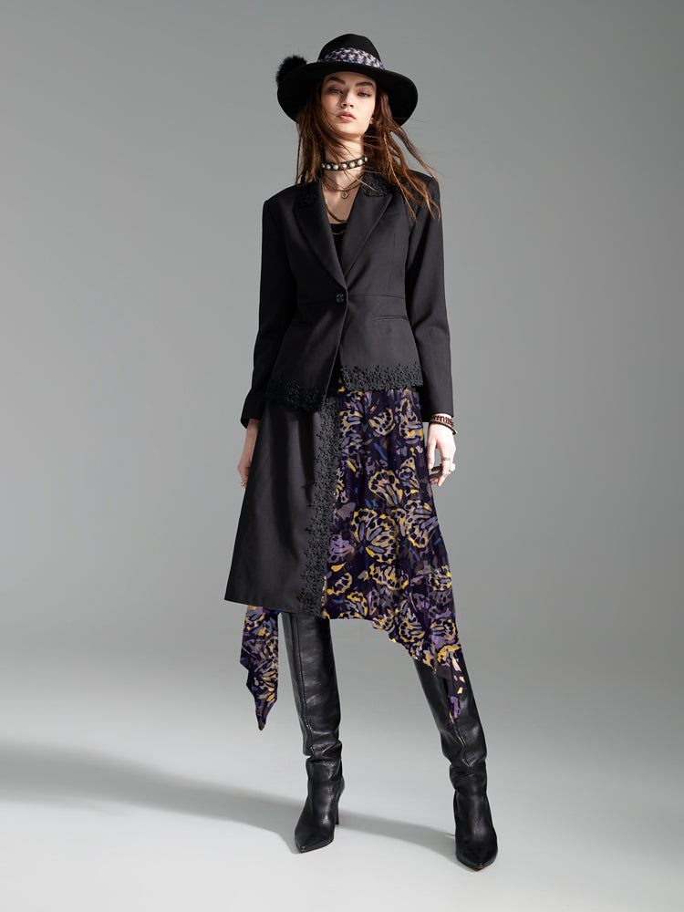 Zoelle Black Lace Trim Blazer with Ametrine Butterfly Wrap Skirt - Front