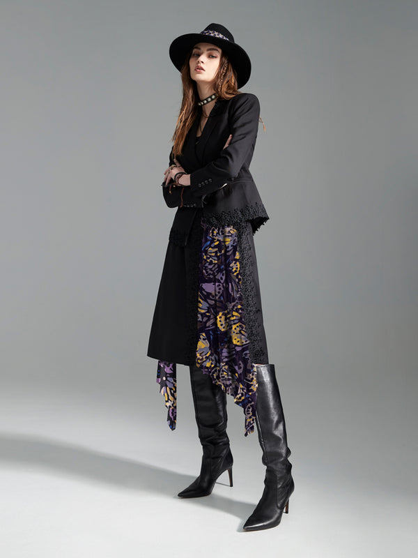 Zoelle Black Lace Trim Blazer with Ametrine Butterfly Wrap Skirt - Side