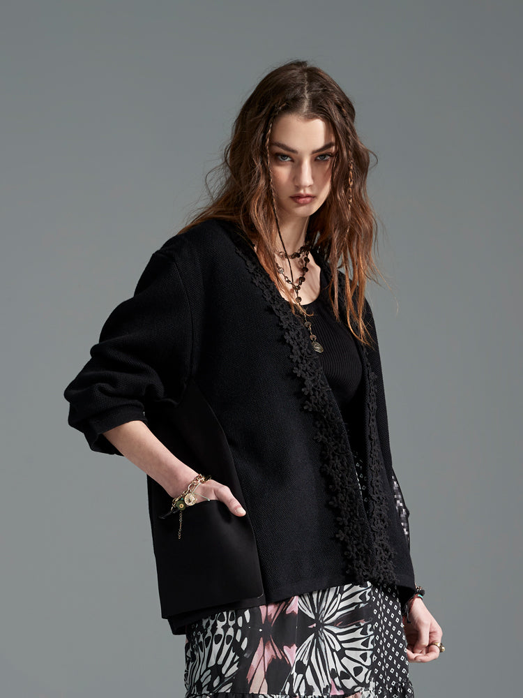 Zoelle Black Lace Trim Kimono Cardigan - Side