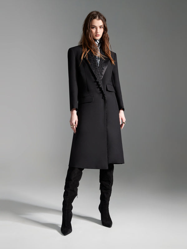 Zoelle Black Lace TrimTuxedo Coat - Front