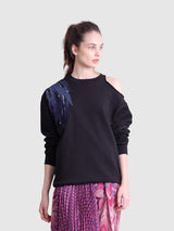 Black Open-Shoulder Beaded Wing Sweatshirt