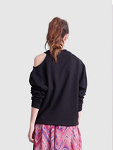Black Open-Shoulder Beaded Wing Sweatshirt