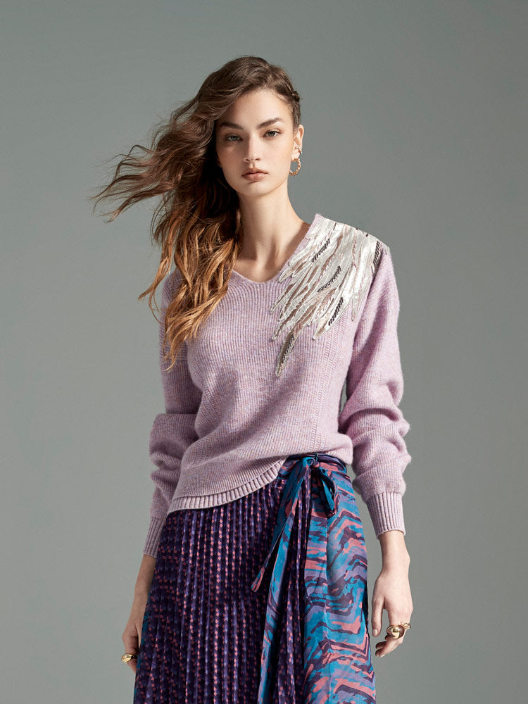 Lavender Sweater with Beaded Embroidery