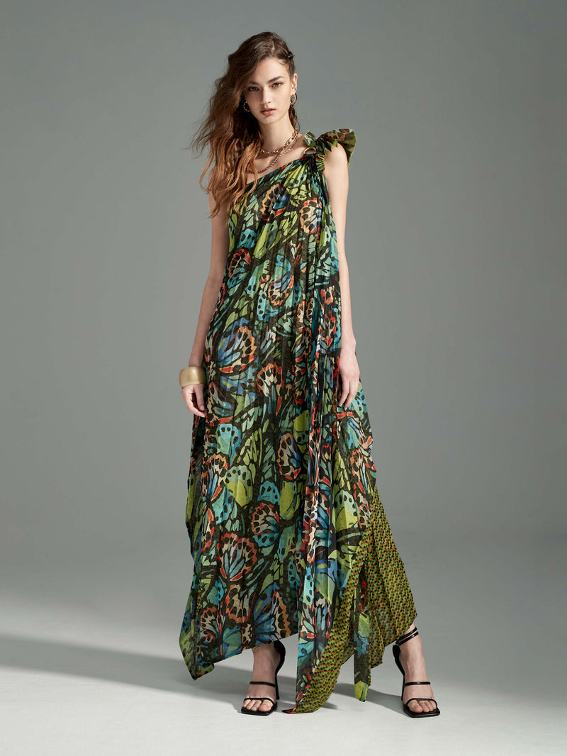 Malachite Butterfly One-Shoulder Maxi Dress