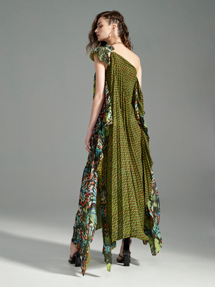 Malachite Butterfly One-Shoulder Maxi Dress