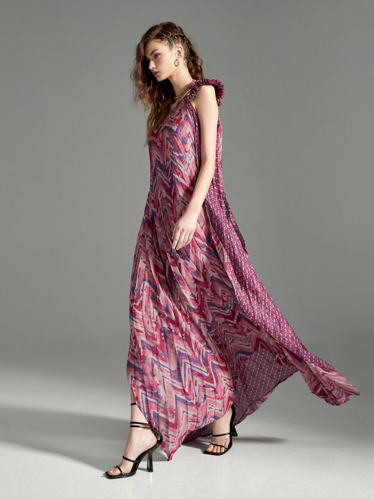 Mauve Chevron One-Shoulder Maxi Dress