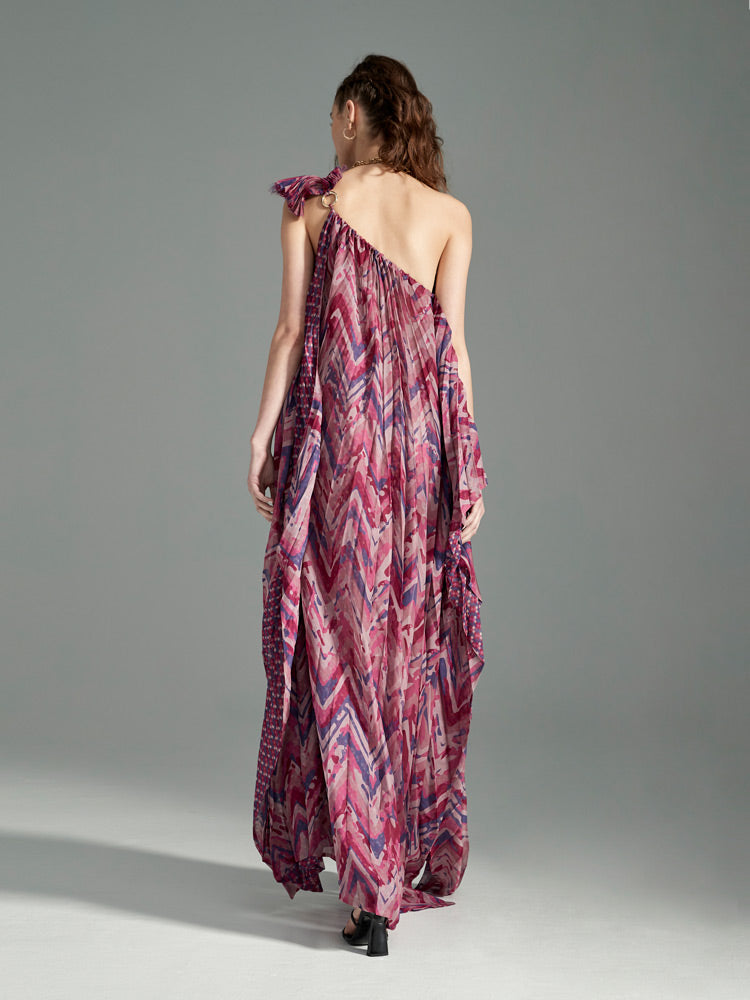 Mauve Chevron One-Shoulder Maxi Dress