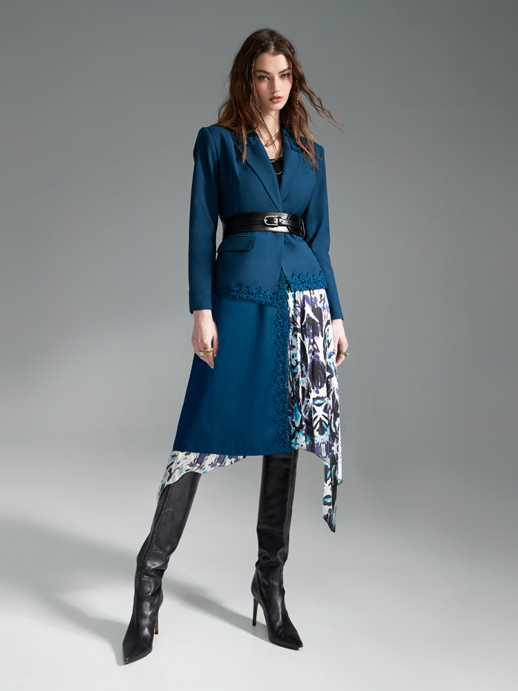 Zoelle Teal Lace Trim Blazer with Cyan Prism Wrap Skirt - Front