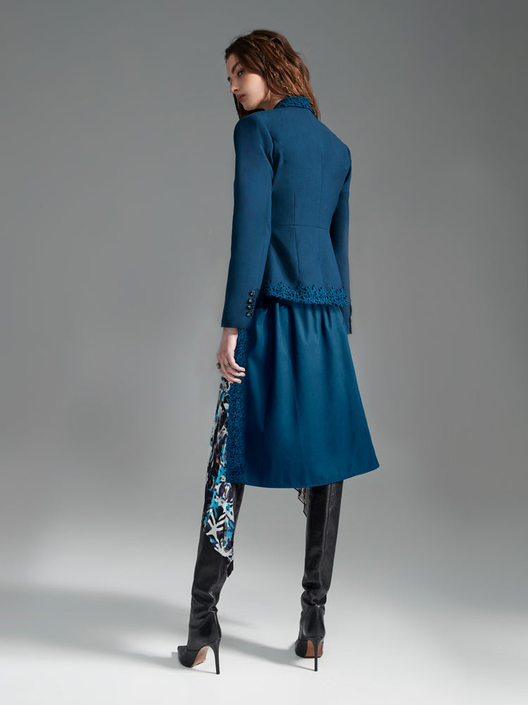 Zoelle Teal Lace Trim Blazer with Cyan Prism Wrap Skirt - Side