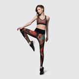 Woman modeling Zoelle Bybs Xculpt dragon scarlet leggings standing on one leg