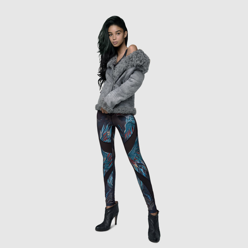 Woman modeling Zoelle Bybs Xculpt eagle blue leggings with a jacket and heels